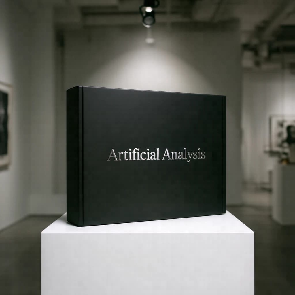 A premium matte black laptop-sized box rests on a pure white pedestal within a gallery space. Overhead, a single spotlight carves sharp contrast, leaving the edges in deep shadow. The brand name Artificial Analysis is embossed in silver foil, glinting faintly as though it were jewelry.