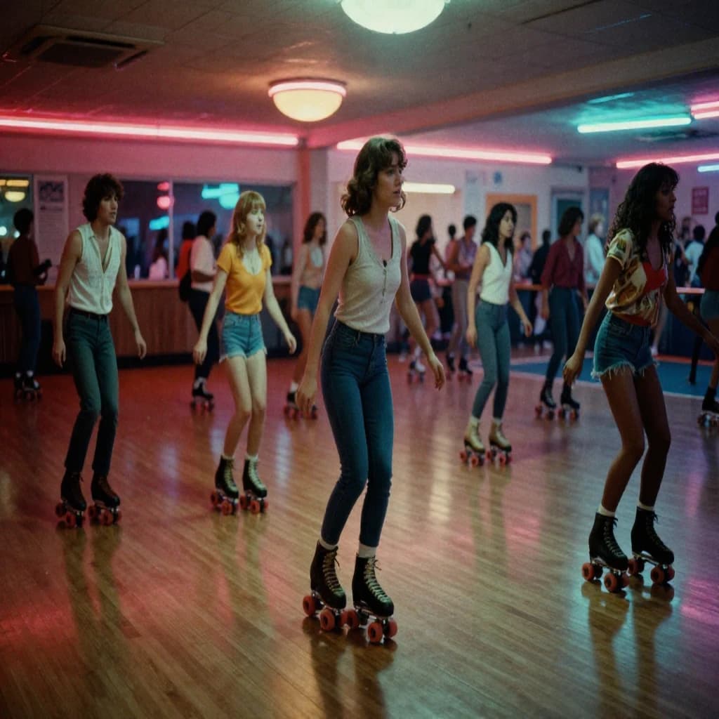 A 1970s roller rink crowd skates under neon, with a bit of fade and film grain.