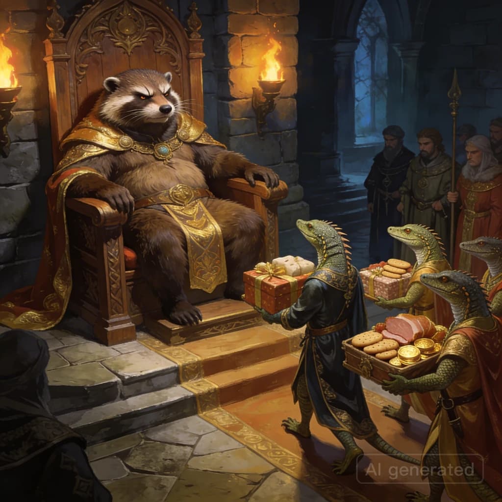 Big Weasel, the tyrannical ruler of the Levitus, slouches on his throne, his mood foul but somewhat brightened by the sight of gifts - a wearisome group of lizard traders adorned in fine silks proceed toward him through the hall with their annual tribute of biscuits, ham and gold - Big Weasel's favourites. Big Weasel's entourage looks on with stern approval.