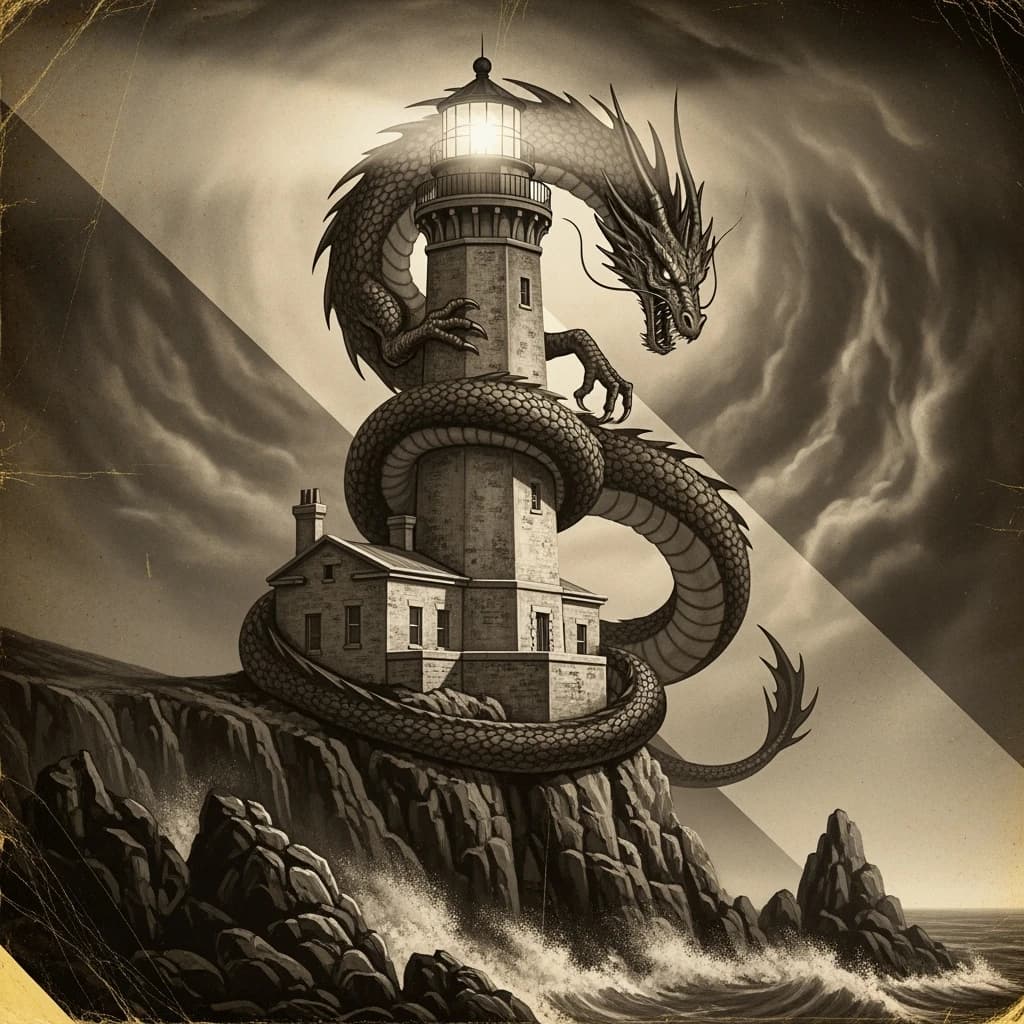 Let's do a sepia pulp cover where a dragon coils around a cliffside lighthouse.