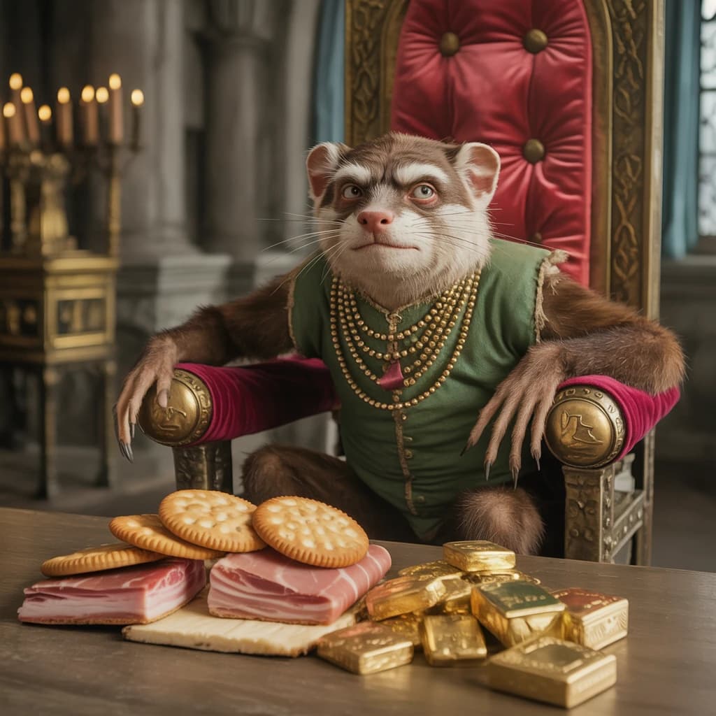 Big Weasel, the tyrannical ruler of the Levitus, slouches on his throne, his mood foul but somewhat brightened by the sight of gifts - a wearisome group of lizard traders adorned in fine silks proceed toward him through the hall with their annual tribute of biscuits, ham and gold - Big Weasel's favourites. Big Weasel's entourage looks on with stern approval.