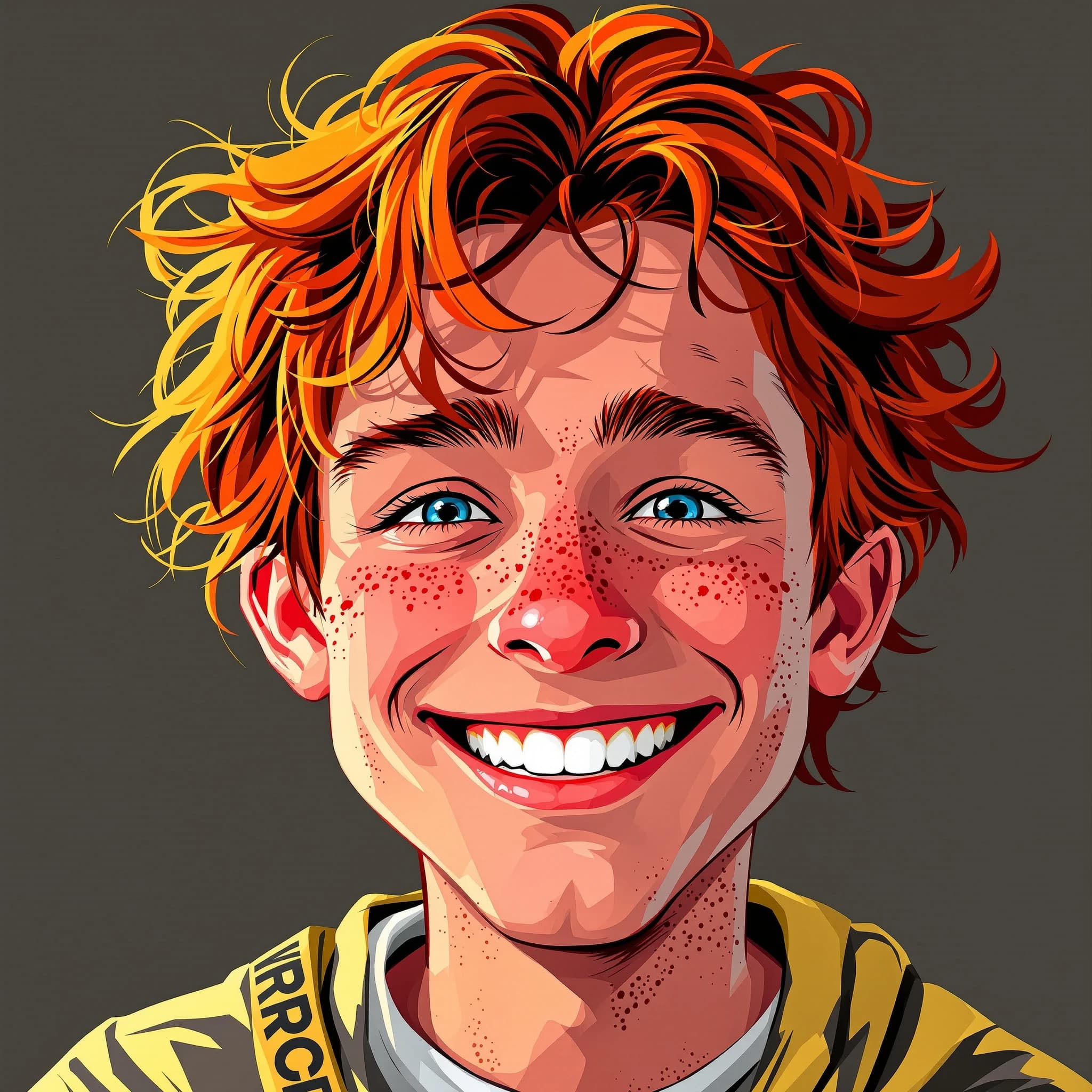 A cel-shaded portrait of a freckled skateboarder, messy red hair, bright grin.