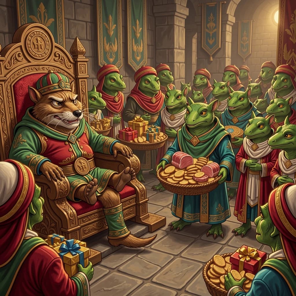 Big Weasel, the tyrannical ruler of the Levitus, slouches on his throne, his mood foul but somewhat brightened by the sight of gifts - a wearisome group of lizard traders adorned in fine silks proceed toward him through the hall with their annual tribute of biscuits, ham and gold - Big Weasel's favourites. Big Weasel's entourage looks on with stern approval.