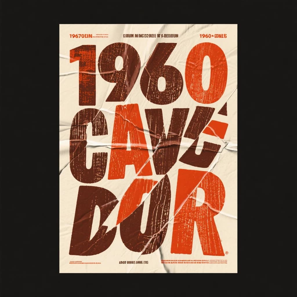 Make a 1960s concert poster featuring bold wood type, misaligned ink, creases.