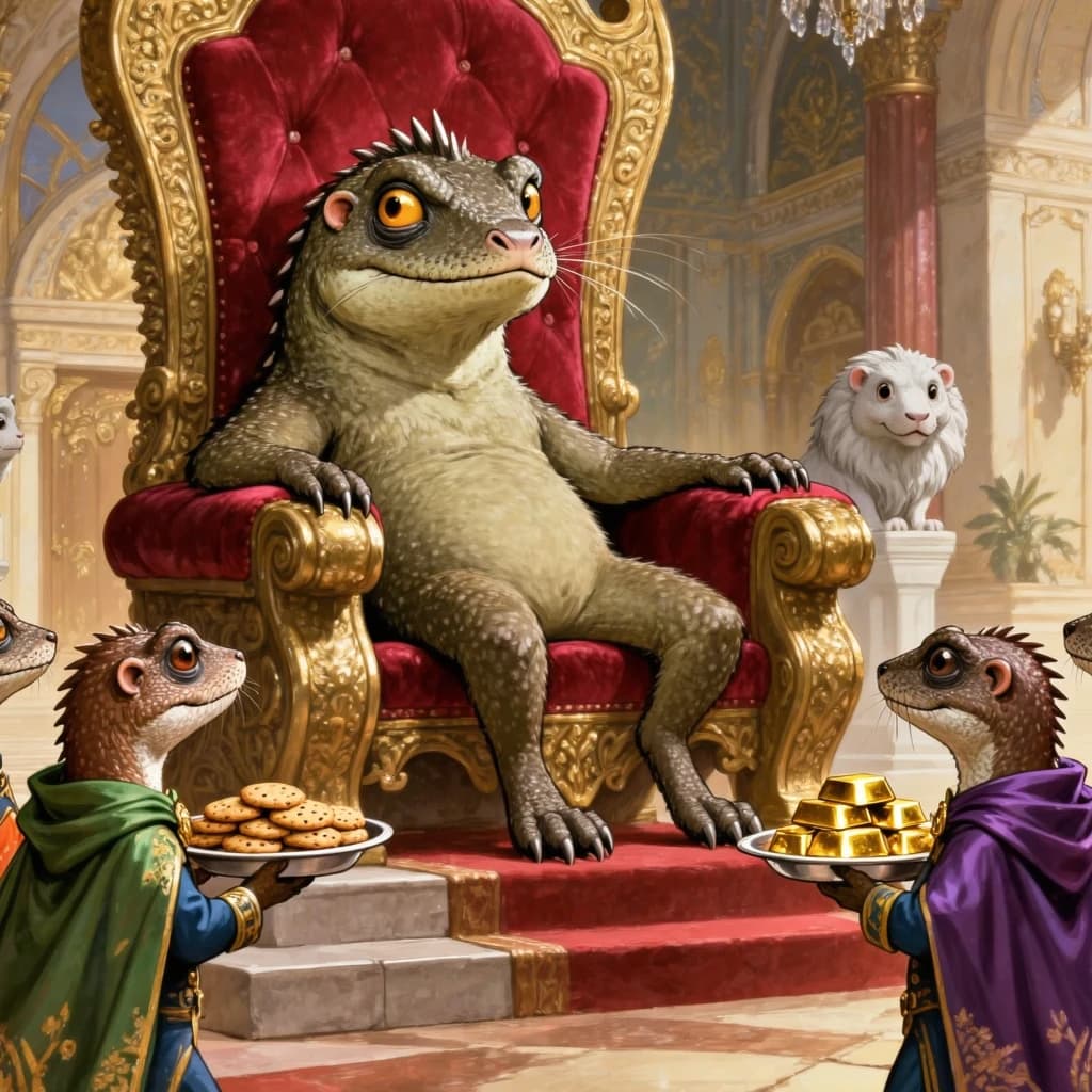 Big Weasel, the tyrannical ruler of the Levitus, slouches on his throne, his mood foul but somewhat brightened by the sight of gifts - a wearisome group of lizard traders adorned in fine silks proceed toward him through the hall with their annual tribute of biscuits, ham and gold - Big Weasel's favourites. Big Weasel's entourage looks on with stern approval.