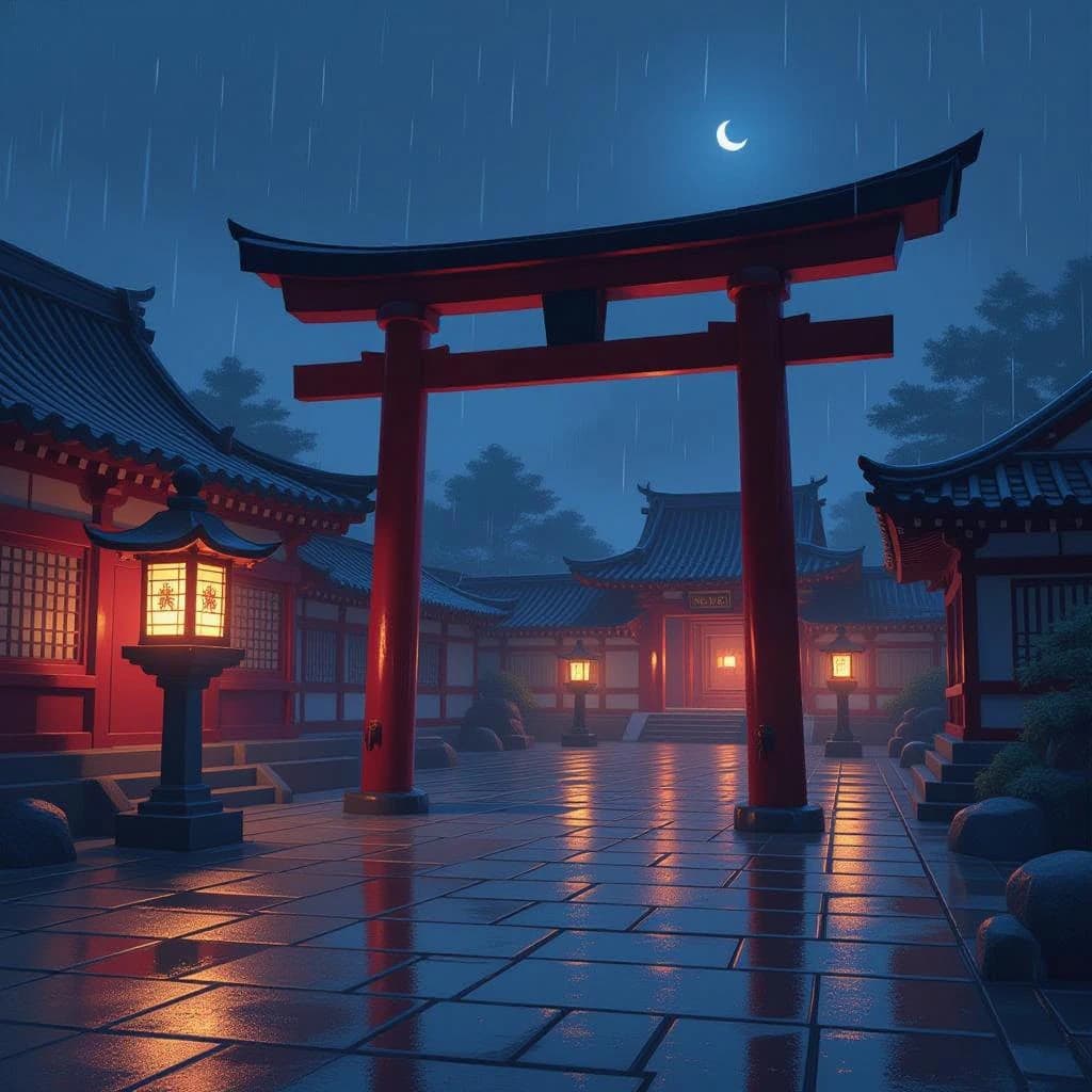 Lantern-lit shrine courtyard at night, cel-shaded, soft glow, drizzle.