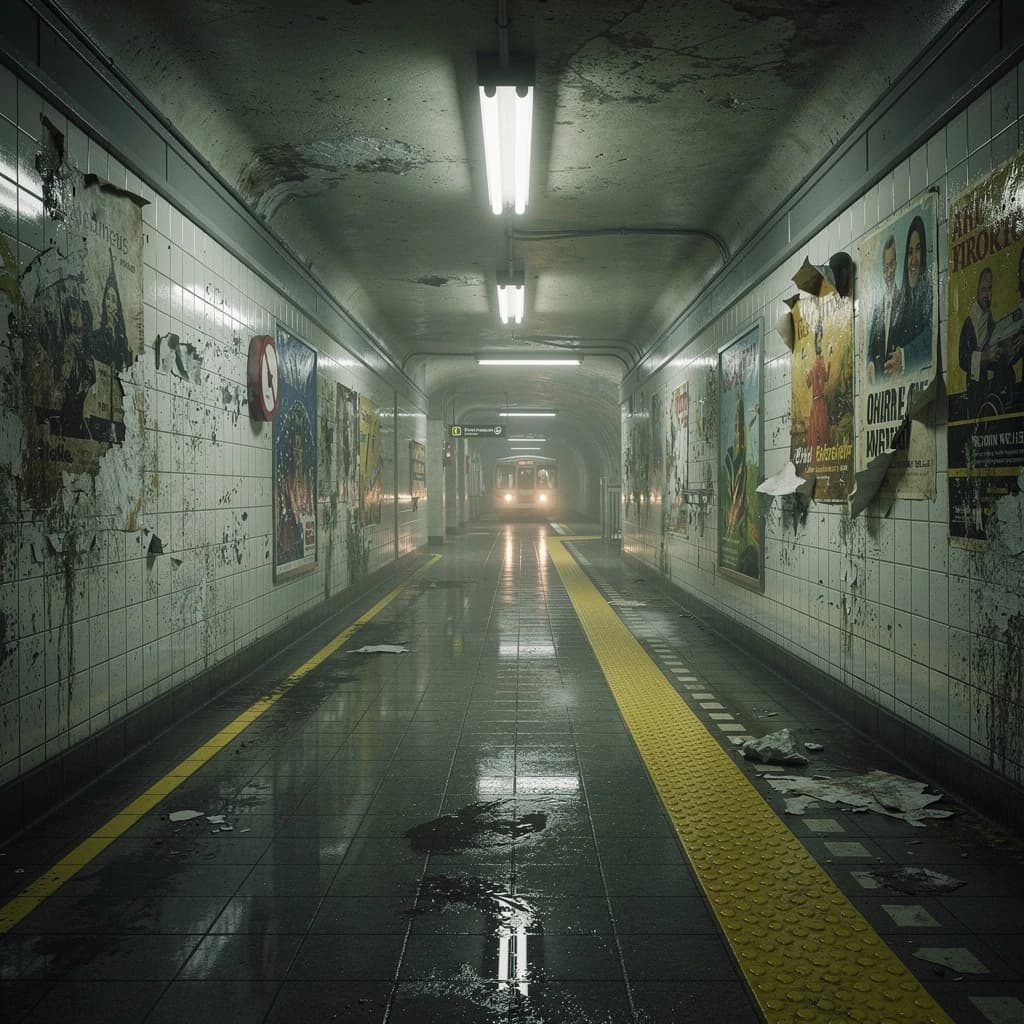 A subterranean subway platform with glossy tiles, peeling posters, flickering fluorescent lights, yellow safety line, and a distant train coming; slightly damp, echoes carry.