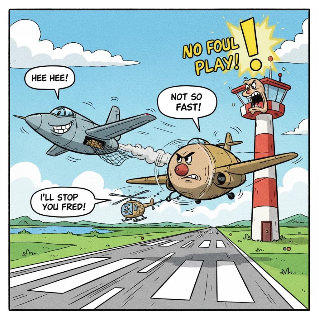 Almost at the runway, Fred the Fighter Jet is racing with Barry the Bomber to see who lands first. Fred has a mischievous trick up his sleeve but Hermione the Helicopter is going to stop him before he gets the chance. The control tower is very angry and has a big exclamation mark. Hand drawn cel look
