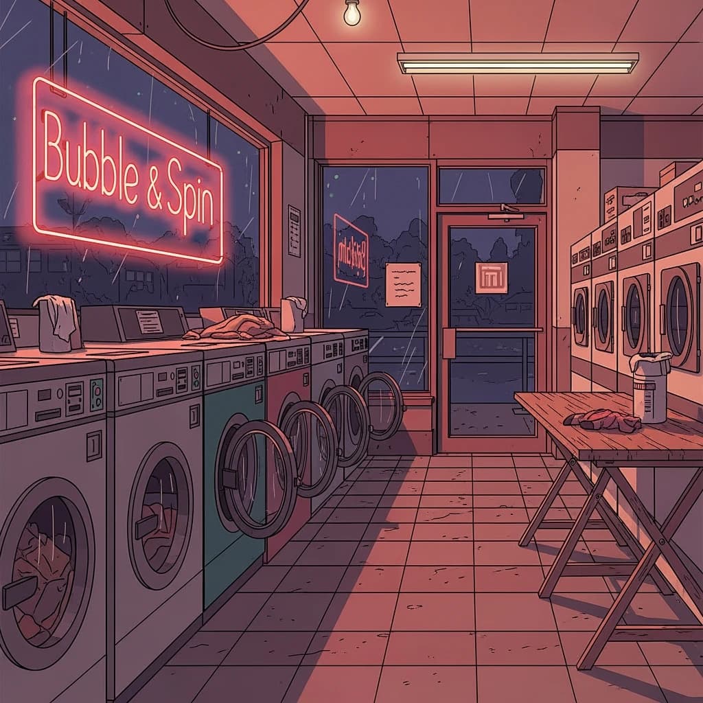A cozy laundromat at dusk, neon humming, flat colors, bold inked lines.