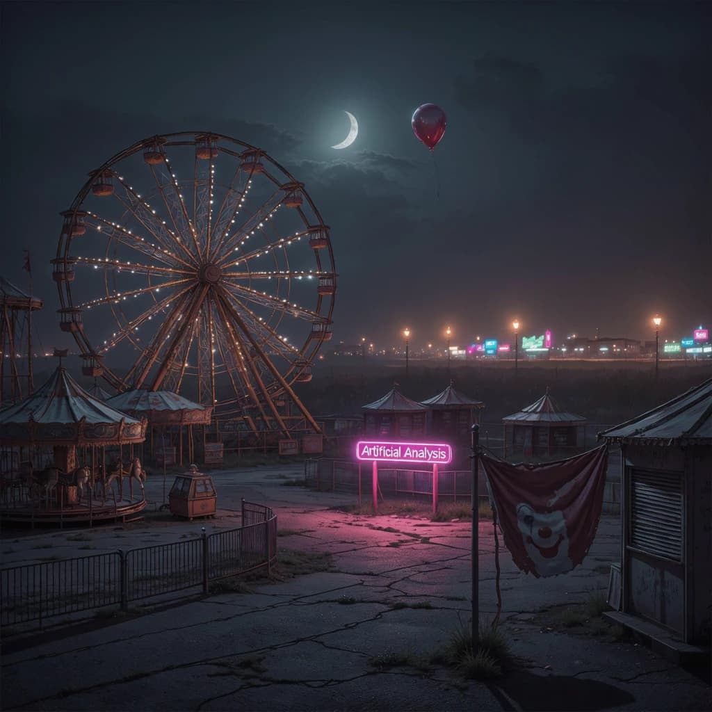A deserted amusement park glows faintly under a half-moon. The ferris wheel is rusting yet strung with fresh, blinking LED lights. A torn clown banner flaps in a windless air. A lone balloon floats upward, tethered to nothing, while in the far distance city lights flicker on - some neon, some gas lamps as though from another century. 'Artificial Analysis' glows in neon