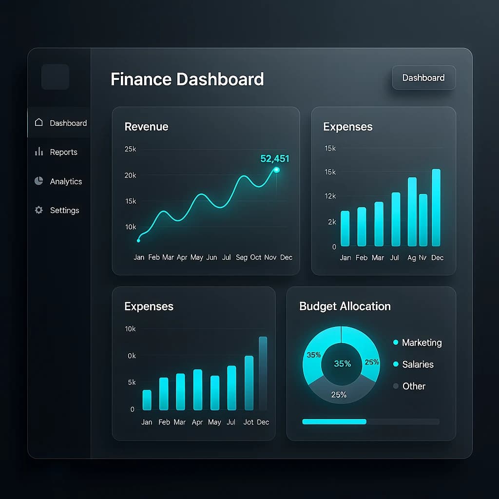 Make a dark mode finance dashboard with charts, glassmorphism, soft neon glow.