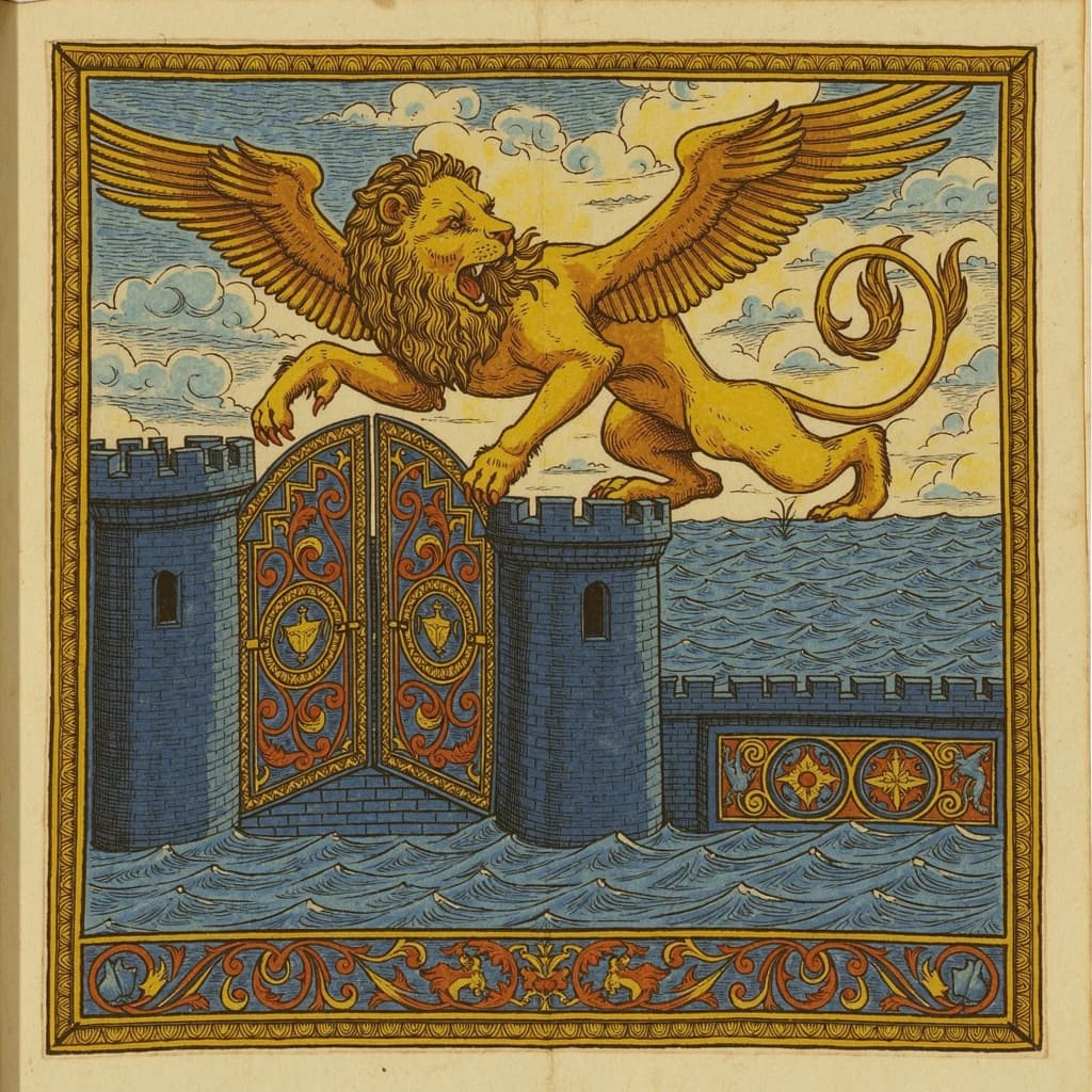 Paint an illuminated manuscript scene of a winged lion guarding a sea gate.
