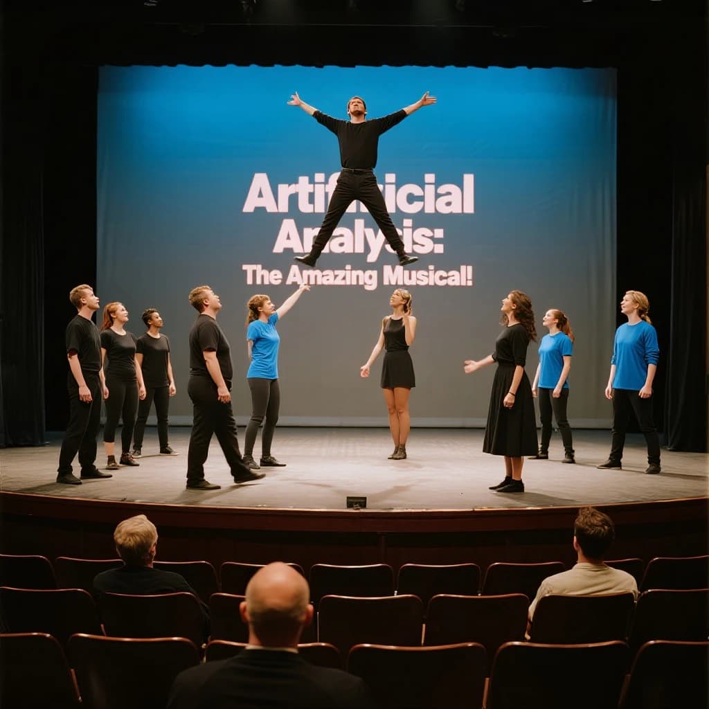The musical troupe do a rehearsal in a large, empty theatre. 9 people are on the stage, half wear black and the others wear blue. The skinny bald director, seated in the second row, is practically leaping out of their seat with excitement as the leads nail their aerial. A giant banner reading "Artificial Analysis: The Amazing Musical!" is behind the actors.