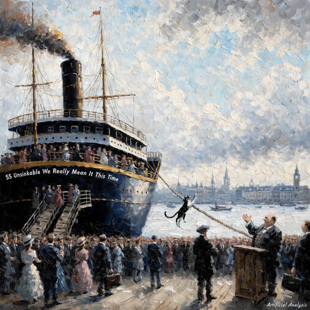 An impressionistic painting of the mighty steamer the "SS Unsinkable We Really Mean It This Time" on a cloudy but bright London morning about to set out on her maiden voyage. A jubilant crowd is gathered on the dock around the paunchy mayor who is making a speech, gesticulating wildly with his hands. The gangways are busy with well heeled ladies and gentlemen making their way onto the ship. A cheeky cat hangs over the water, clinging to the mooring rope after an ill-fated attempt to climb up. The artist has signed his name "Artificial Analysis" in the bottom corner
