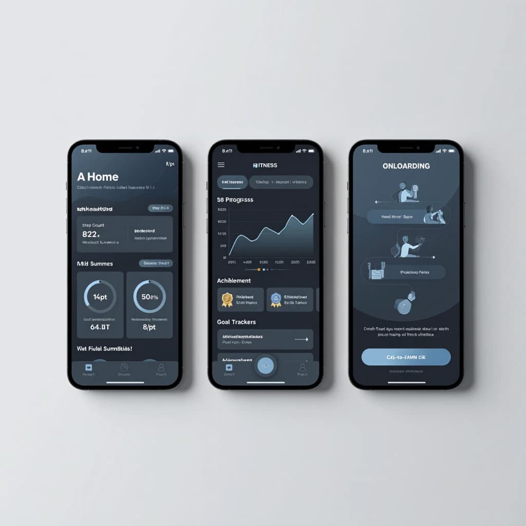 Sleek mobile fitness app screens on a desk: dark mode home, progress dashboard, simple onboarding, clear 8 pt grid, slightly oversized buttons for thumb reach, muted colors.