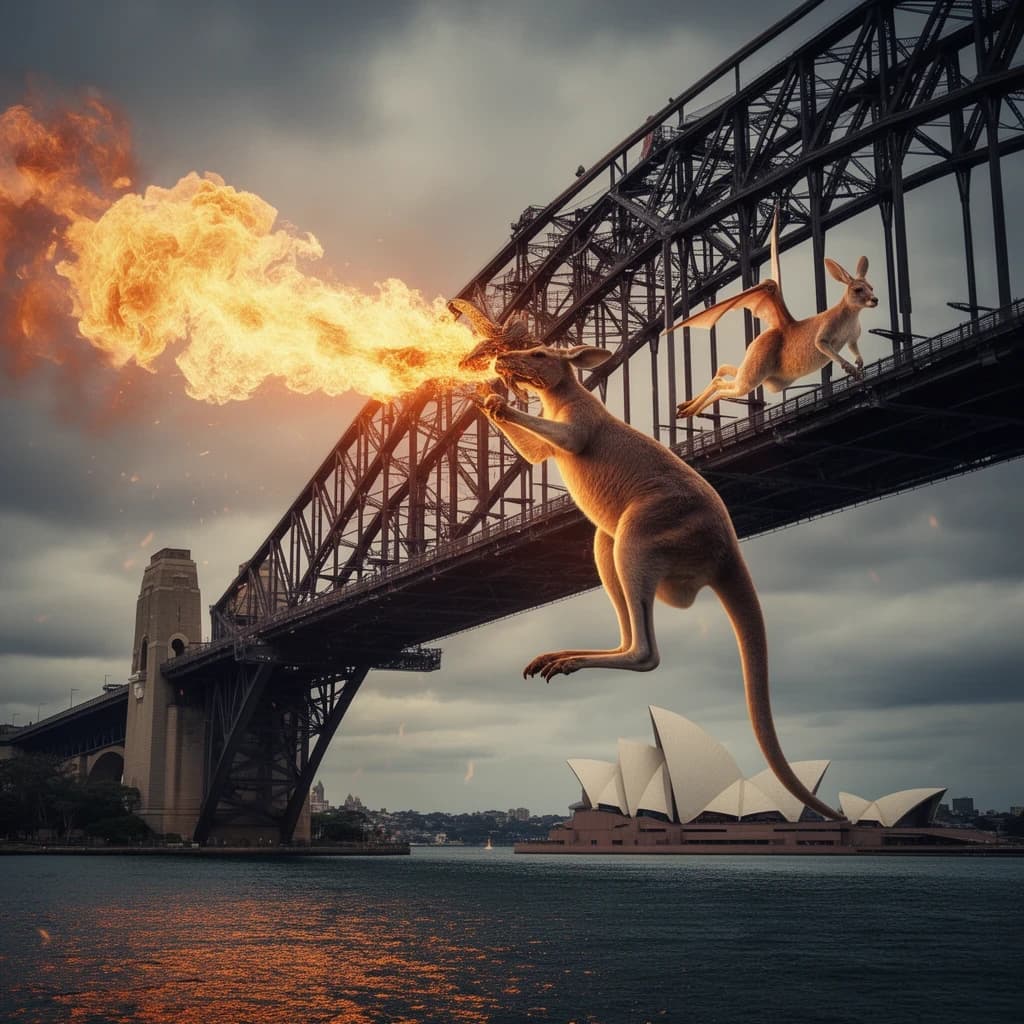 A dragon breathes fire at a kangaroo that is running away by climbing over the top of the Sydney Harbour Bridge. Opera House visible in the background.