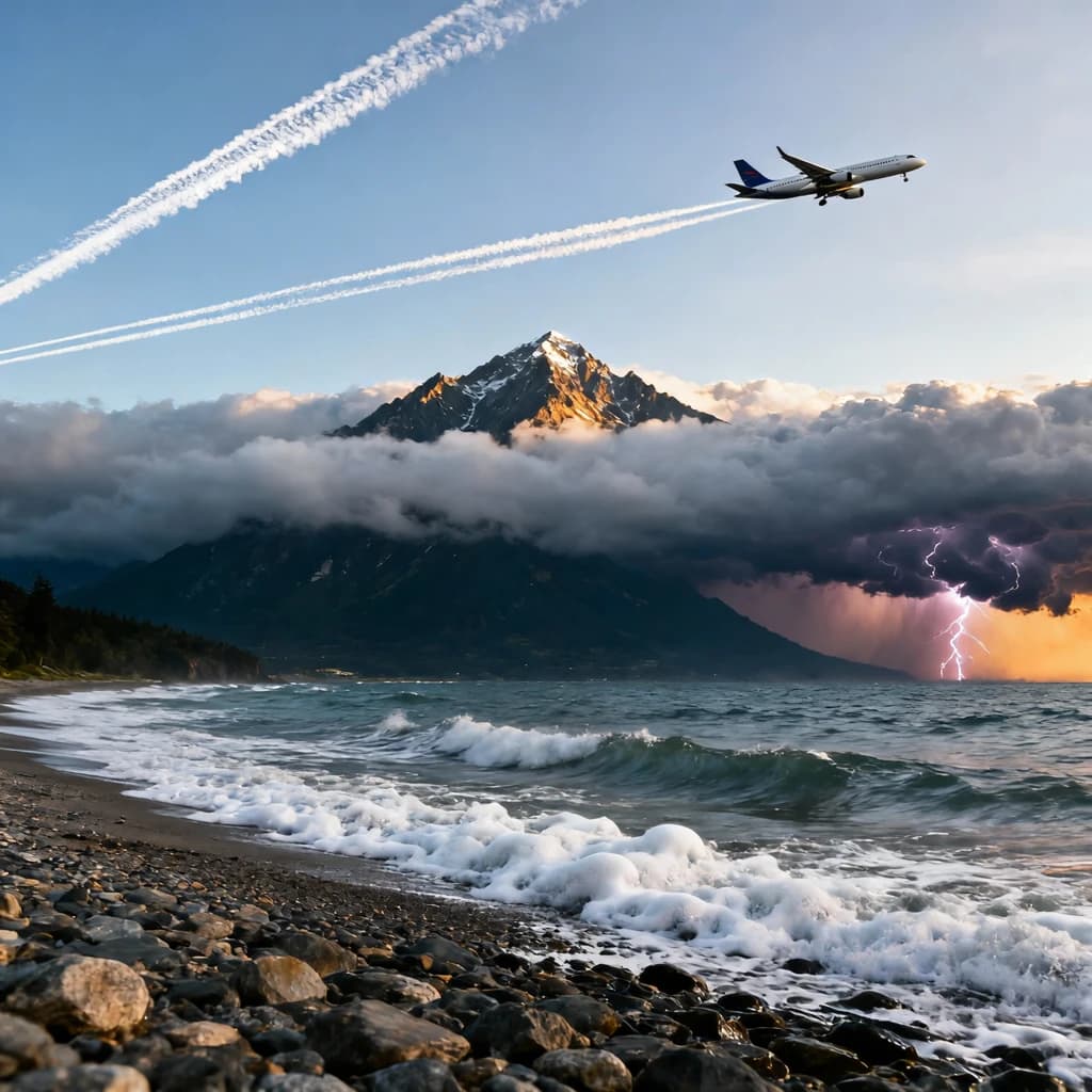 A stunning mountain vista pokes through the cloud top. Contrails from a distant airplane linger in the air. In the foreground there is a stony beach with foamy seas. A thunder storm is visibile in the distant right.