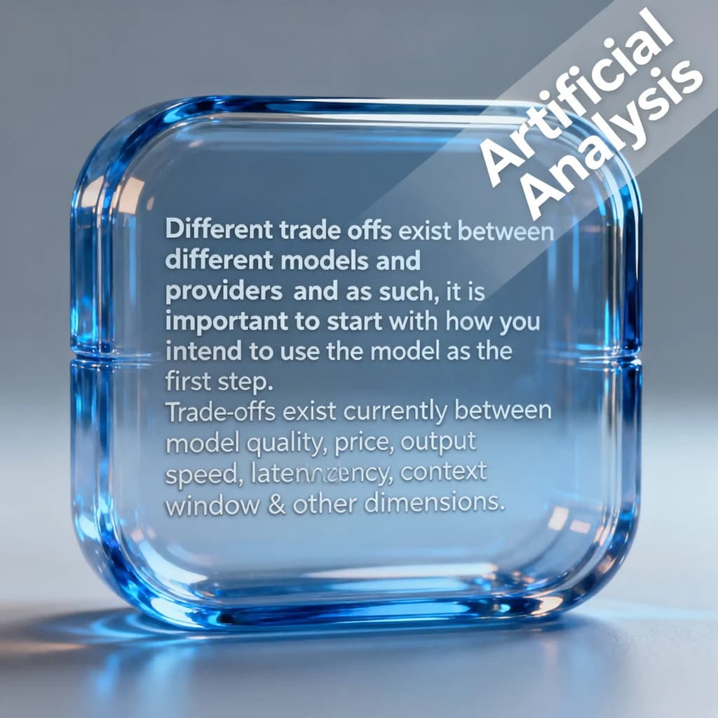 In a clear transparent blue glassy rounded box, etch "Different trade offs exist between different models and providers and as such, it is important to start with how you intend to use the model as the first step. Trade-offs exist currently between model quality, price, output speed, latency, context window & other dimensions. " in sans serif medium weight text. Artificial Analysis is watermarked over the top right 