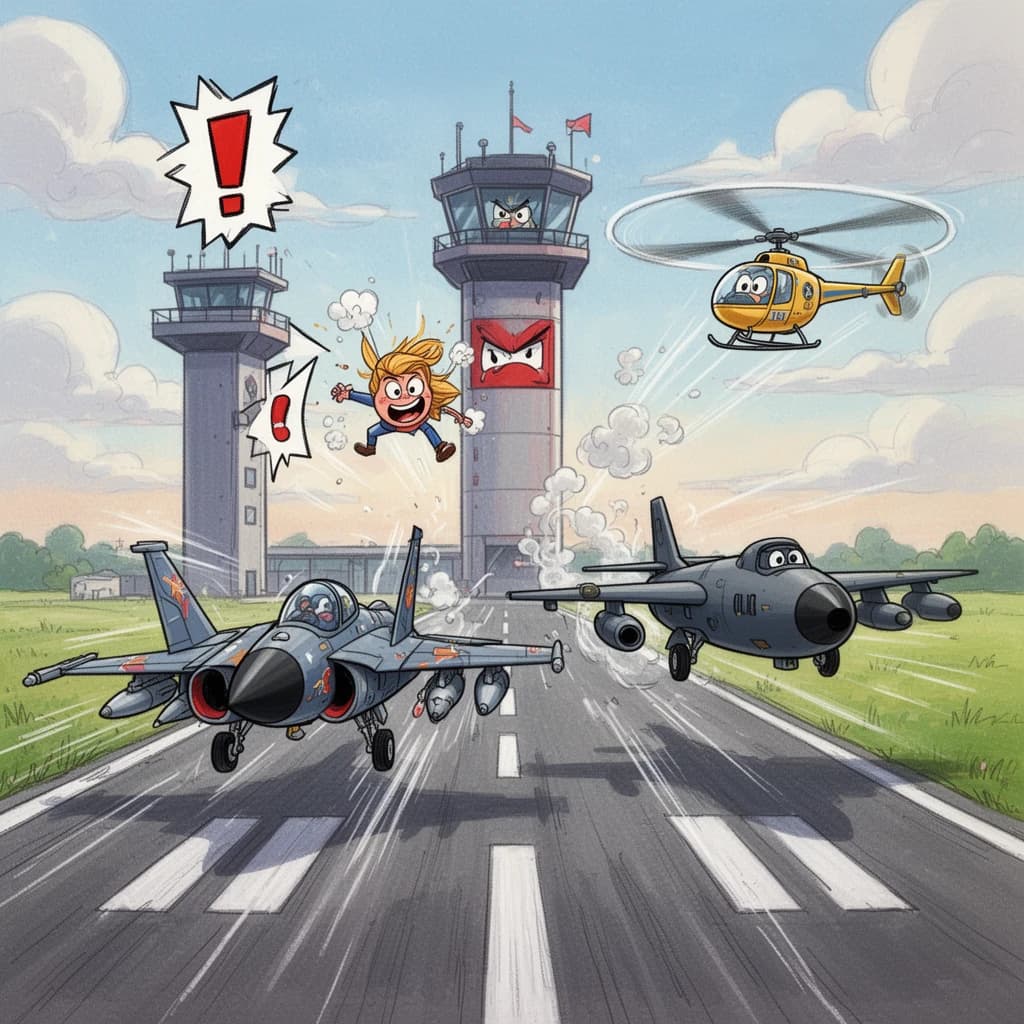 Almost at the runway, Fred the Fighter Jet is racing with Barry the Bomber to see who lands first. Fred has a mischievous trick up his sleeve but Hermione the Helicopter is going to stop him before he gets the chance. The control tower is very angry and has a big exclamation mark. Hand drawn cel look