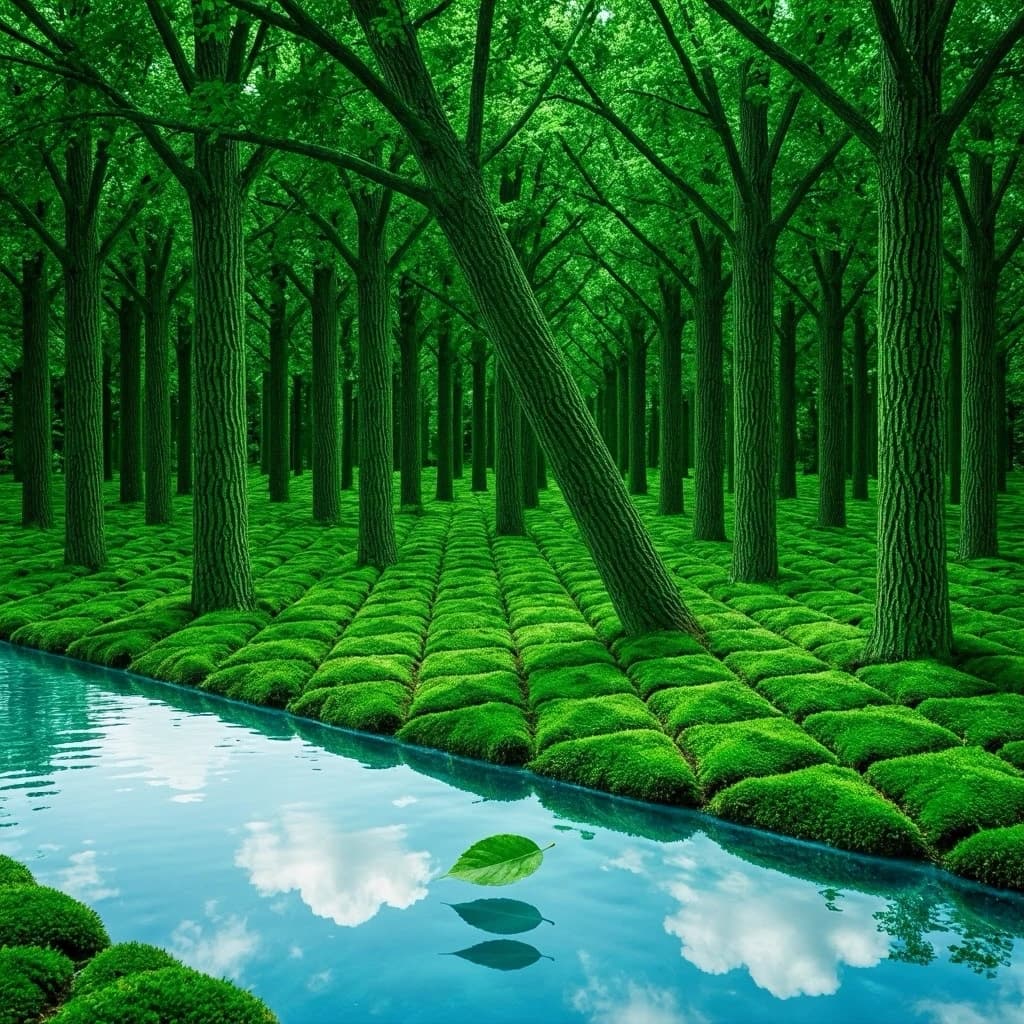 The forest is saturated green, trees identical in height and width, trunks straight, bark texture repeating. One trunk leans diagonally yet the branches remain vertical. The moss is emerald, glistening, though each patch forms identical diamond shapes. A stream runs straight, perfectly linear, water clear, reflecting clouds not visible in the sky. No animals, no insects, but one leaf floats on the water, doubled, showing two overlapping shadows.