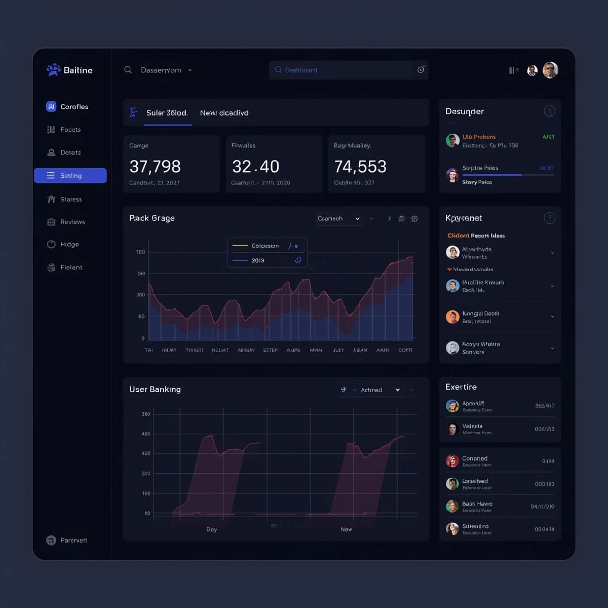 Dark mode banking dashboard with glassmorphism.