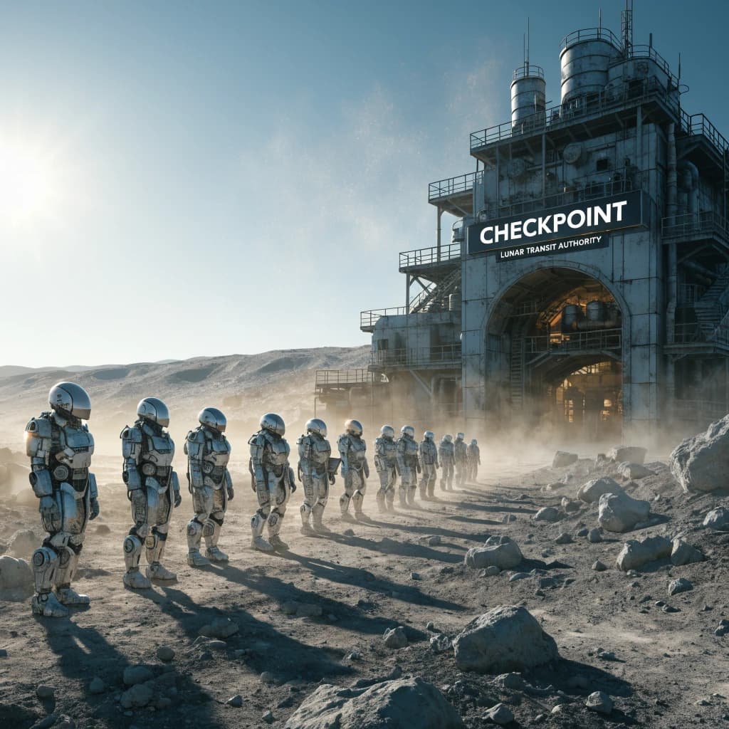 Silver exosuits queue at a dusty lunar checkpoint.