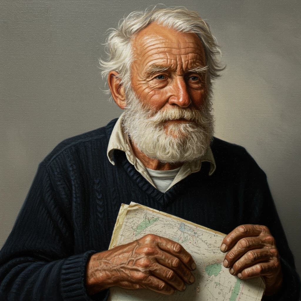 Oil on canvas portrait of an elderly sailor, weathered face, soft light.