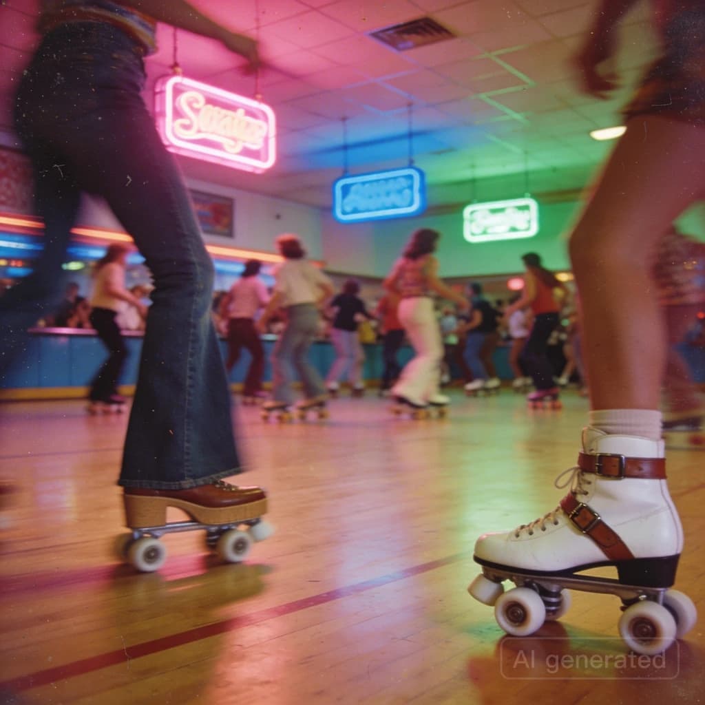 A 1970s roller rink crowd skates under neon, with a bit of fade and film grain.