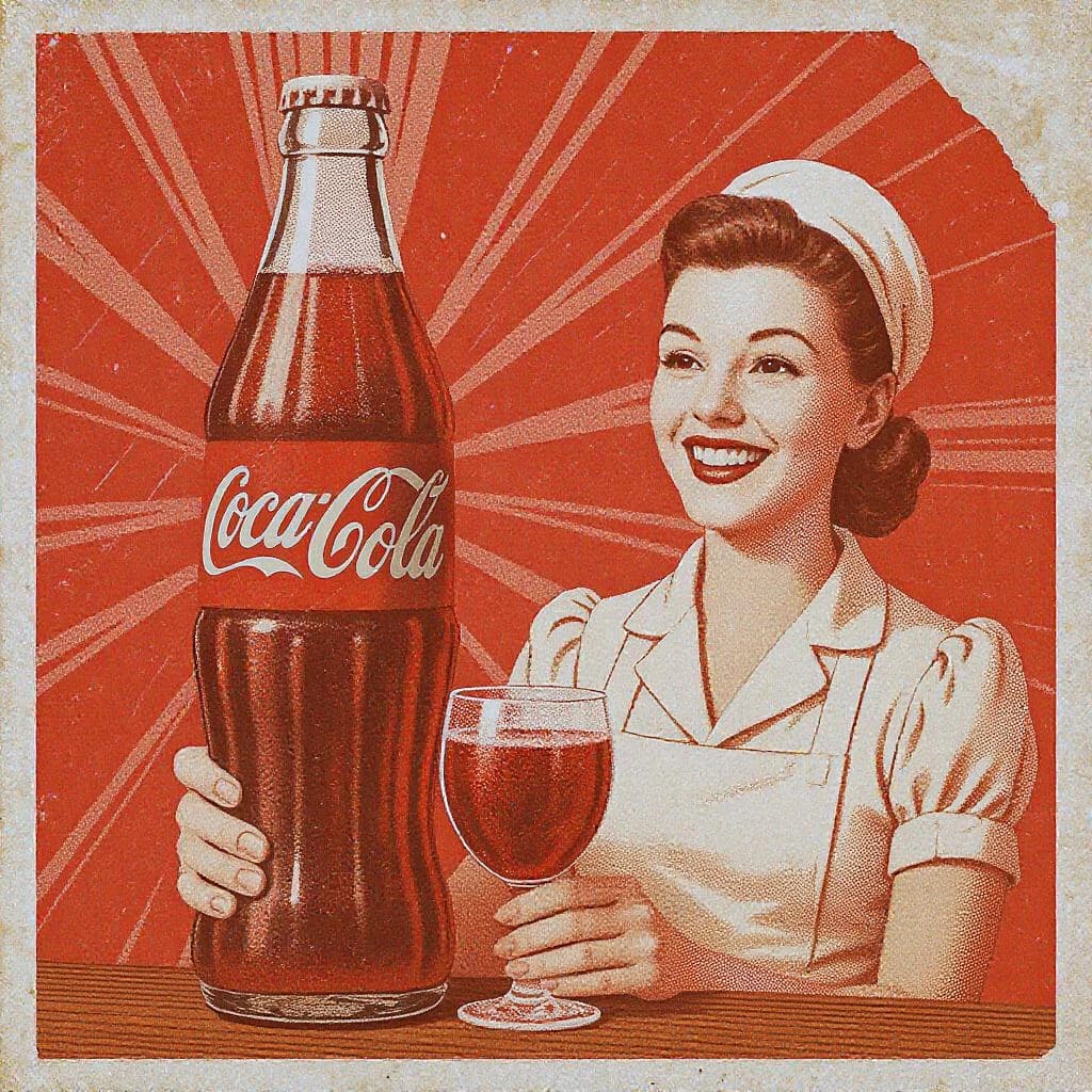 Mid-century soda ad, smiling waitress, halftone sunburst, a bit of faded paper.