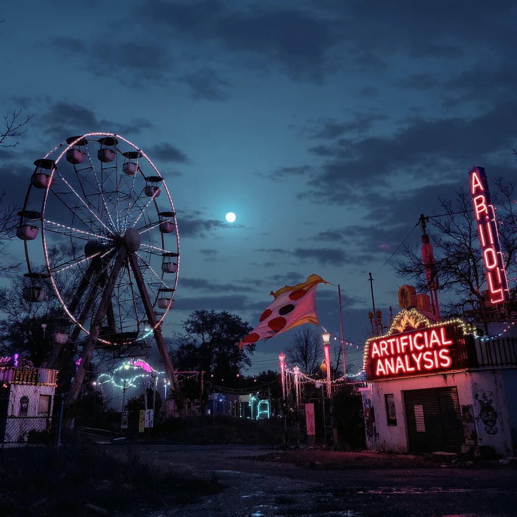 A deserted amusement park glows faintly under a half-moon. The ferris wheel is rusting yet strung with fresh, blinking LED lights. A torn clown banner flaps in a windless air. A lone balloon floats upward, tethered to nothing, while in the far distance city lights flicker on - some neon, some gas lamps as though from another century. 'Artificial Analysis' glows in neon