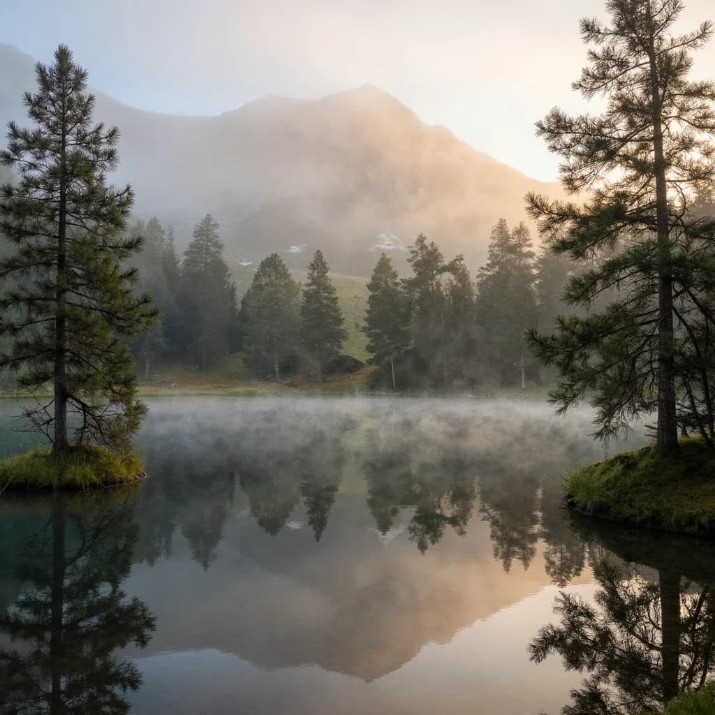I want a photo of a misty alpine lake at dawn, pines, glassy water, warm light.