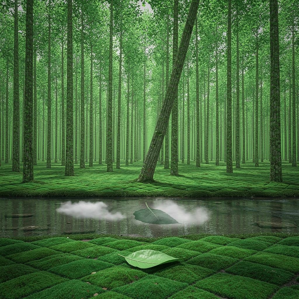 The forest is saturated green, trees identical in height and width, trunks straight, bark texture repeating. One trunk leans diagonally yet the branches remain vertical. The moss is emerald, glistening, though each patch forms identical diamond shapes. A stream runs straight, perfectly linear, water clear, reflecting clouds not visible in the sky. No animals, no insects, but one leaf floats on the water, doubled, showing two overlapping shadows.