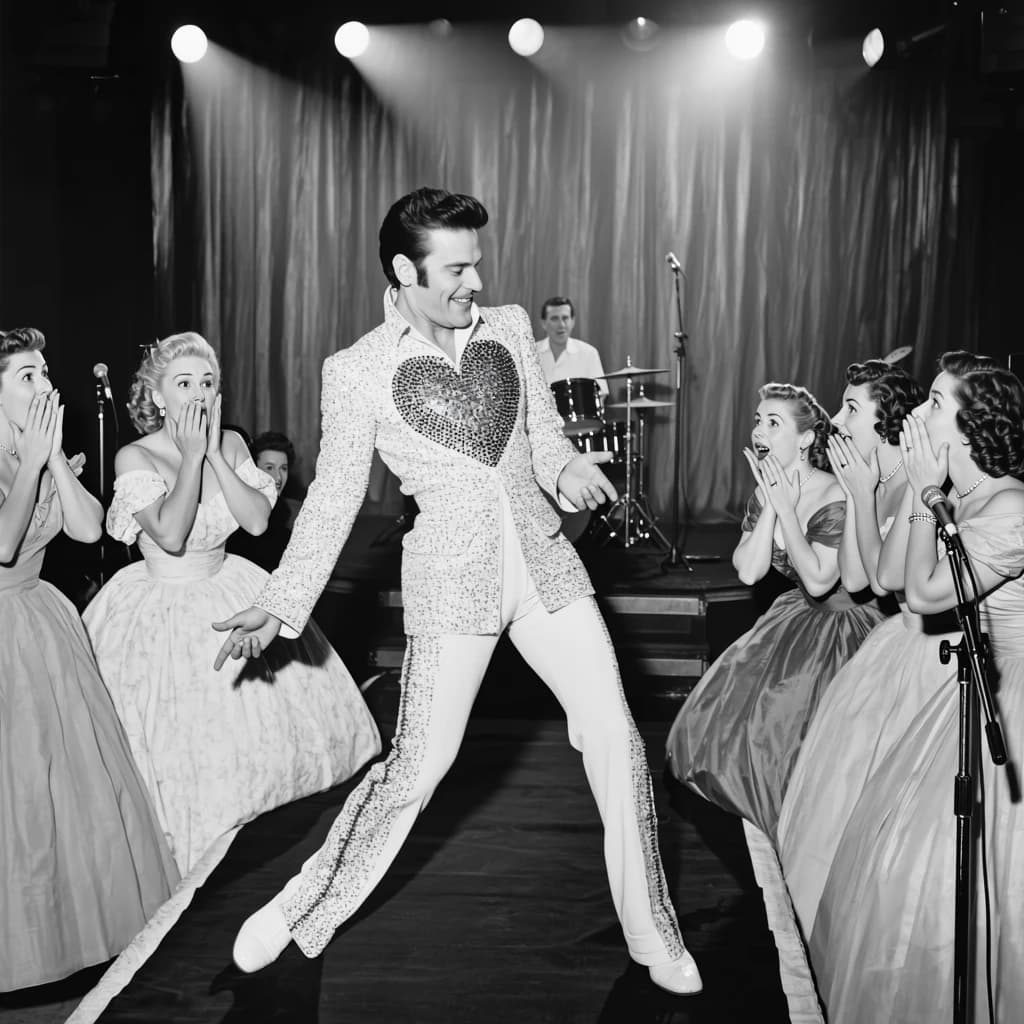 An archival image from 1953 of the rock singer swinging his hips on the stage while glamorous back up singers feign shock at his gyrations! He wears a diamond encrusted jacket with the stones arranged in the shape of a heart
