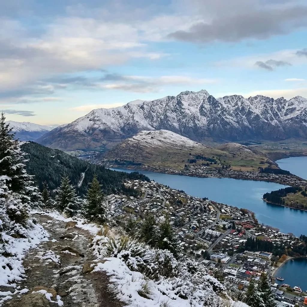 Queenstown's Lake Wakatipu, viewed from the top of Queenstown Hill after a snowstorm just dusted the top of Cecil's Peak