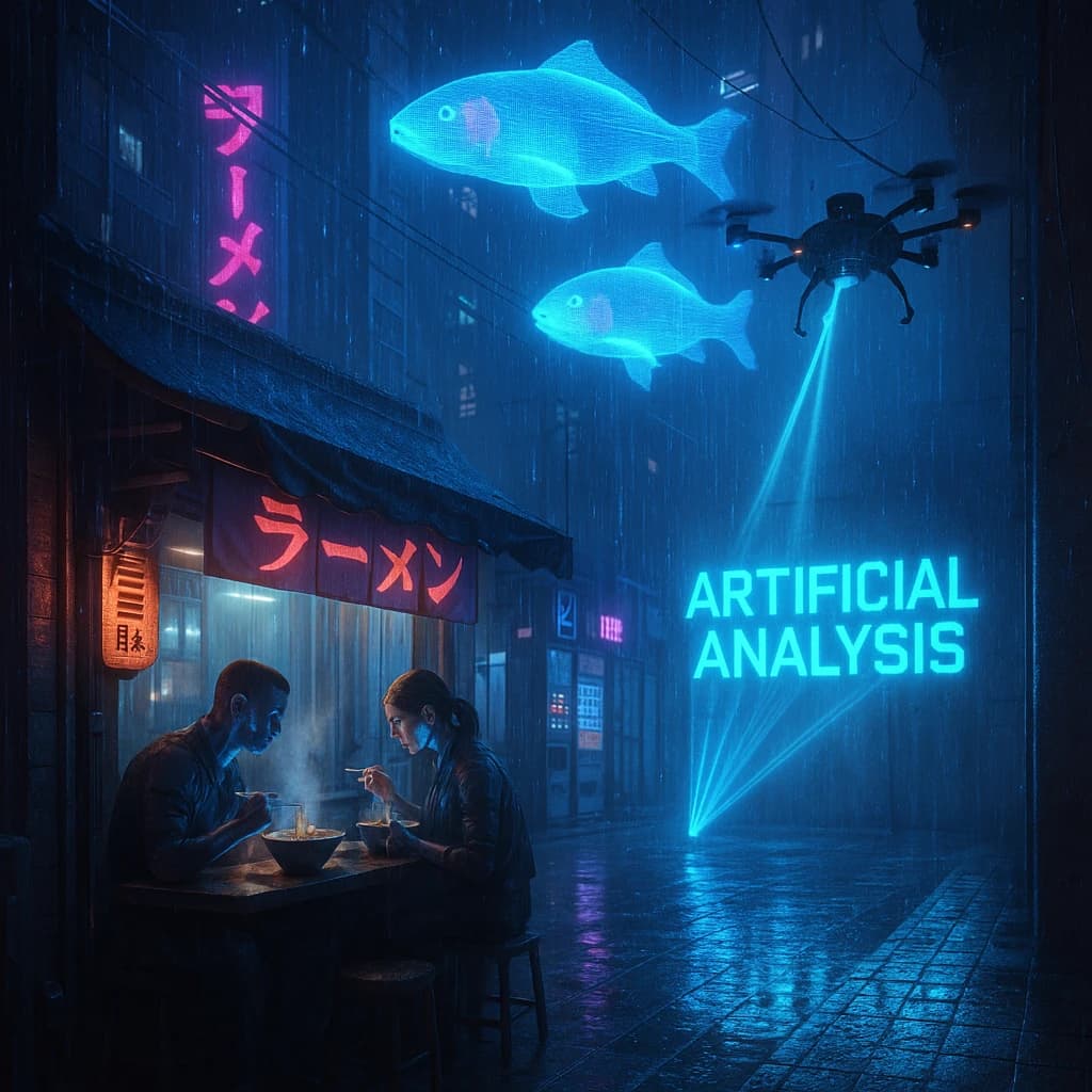 A neon alley in Neo-Tokyo 2142 drips with rain Cybernetic patrons slurp ramen at a stall with their glowing implants humming with blue light. Three giant holographic koi hover 10 metres above the ground and swim across the skyline, one has clipped into a building. A six-prop drone hovers nearby, projecting "Artificial Analysis" onto a wall with blue laser beams visible