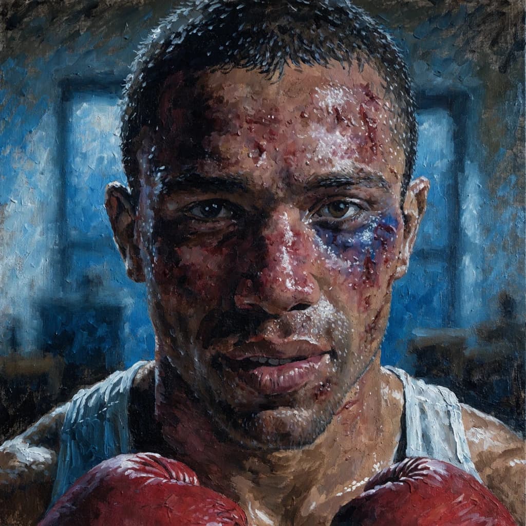 Paint a bruised boxer smiling, serious expression.