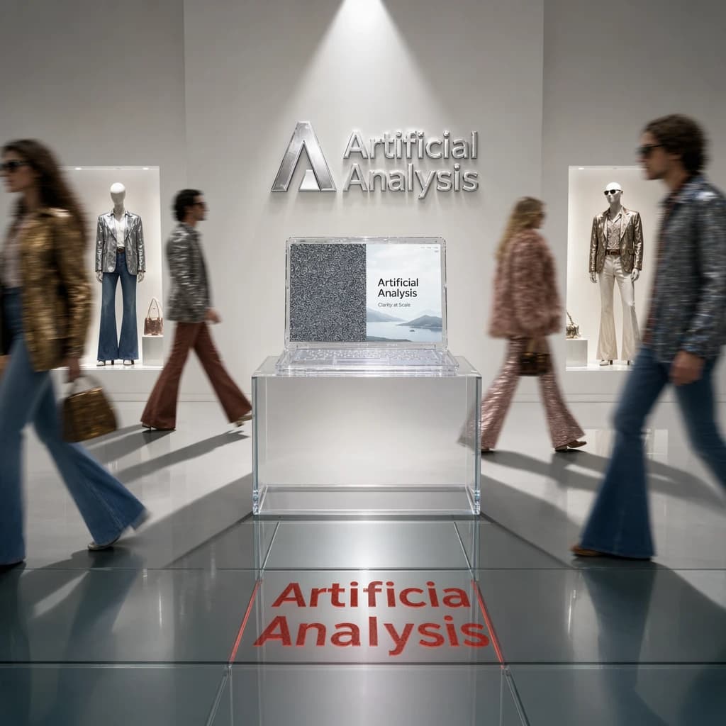 In a spotless gallery space, a pedestal supports a transparent laptop whose screen flickers between static and pristine brand imagery. Shoppers blur past in designer clothes that appear slightly outdated - bell bottoms, metallic jackets. The embossed logo “Artificial Analysis” glints silver, yet its reflection in the glass floor reads in crimson letters. A single spotlight shines, though shadows fall in two directions.