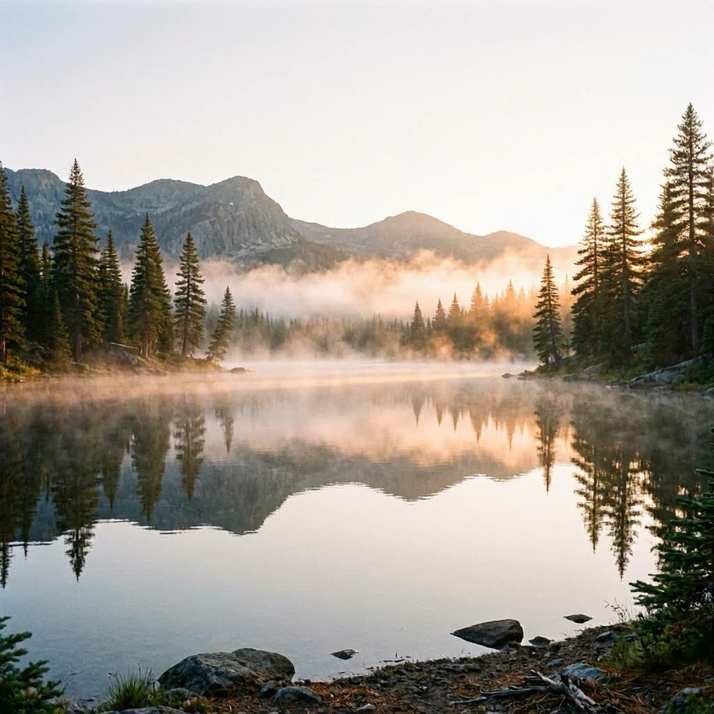 I want a photo of a misty alpine lake at dawn, pines, glassy water, warm light.
