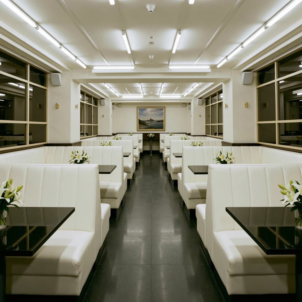 The place is almost empty. The banquettes are covered in white leather, the tables black granite, and the entire room is bathed in halogen track lighting that seems too bright. The maître d’ wears a double-breasted wool crepe jacket. There are lilies on every table.