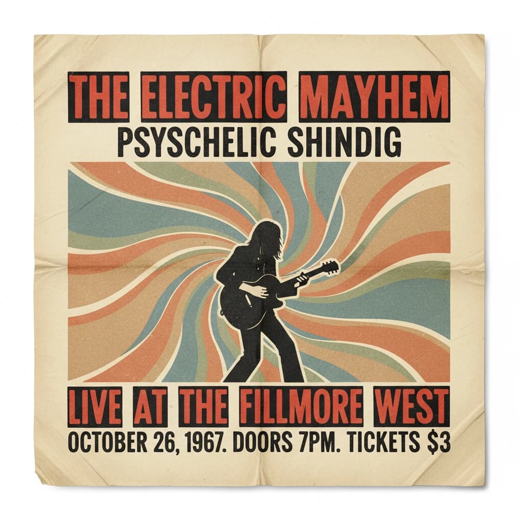 Make a 1960s concert poster featuring bold wood type, misaligned ink, creases.