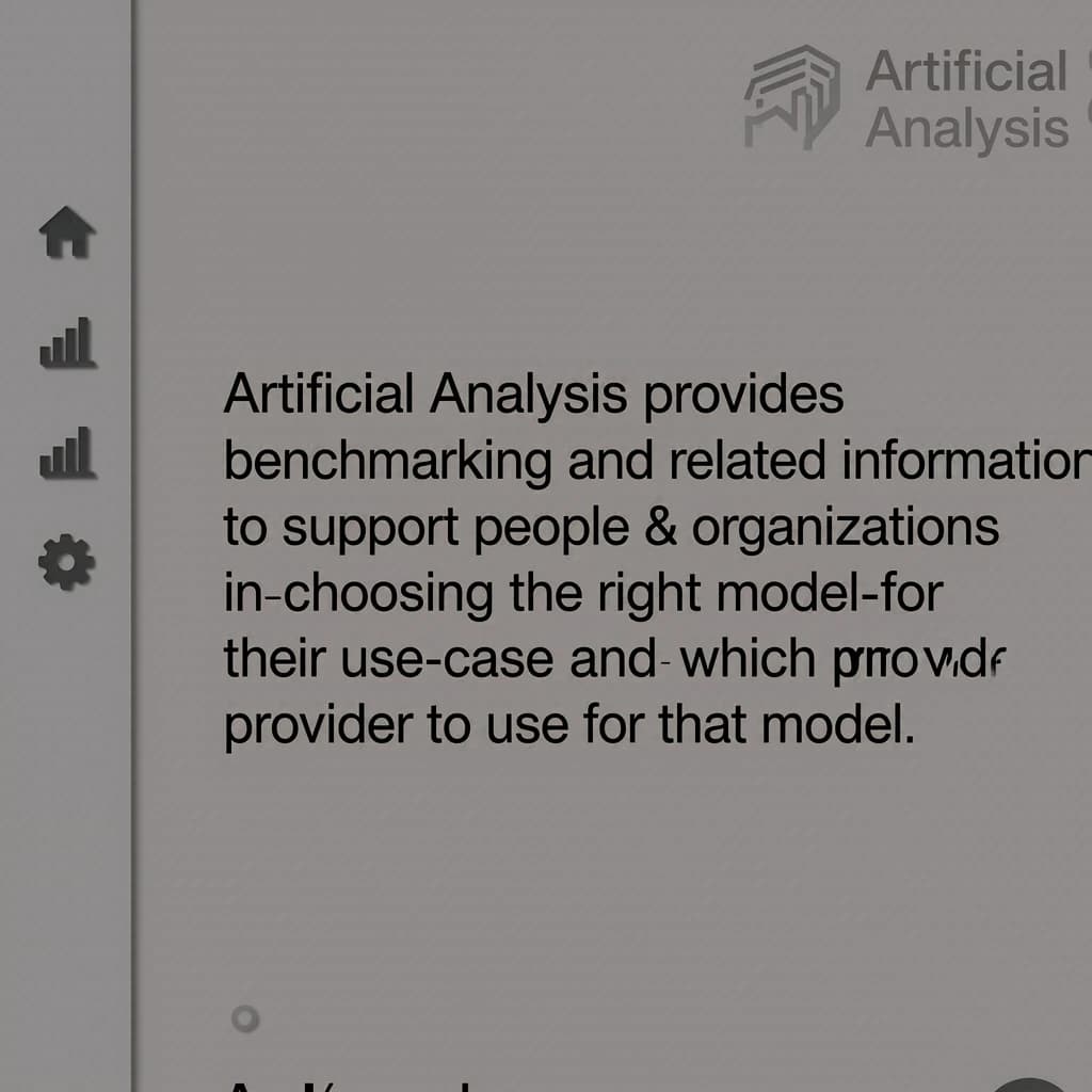 On a high-resolution dashboard mockup with a clean white background, display a centered text module in Helvetica Neue Regular, 18pt, black: “Artificial Analysis provides benchmarking and related information to support people & organizations in choosing the right model for their use-case and which provider to use for that model.” The text box is justified, but the final word wraps awkwardly onto its own line. To the left, a vertical navigation bar in light gray with three icons - home, chart, and settings - aligned evenly but casting misaligned shadows. In the upper right, the Artificial Analysis logo appears faintly, semi-transparent, watermarked over the corner of the interface.