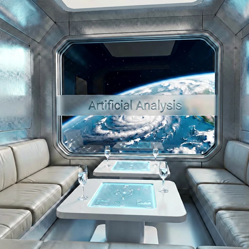 The orbital lounge has brushed aluminum walls and pale leather banquettes. Low white tables are inset with glowing touchscreens. Drinks are clear, flavorless, in tall unmarked glasses. The viewport is floor-to-ceiling, showing Earth moving slowly beneath. The word Artificial Analysis is etched discreetly on the glass in a frosted band.