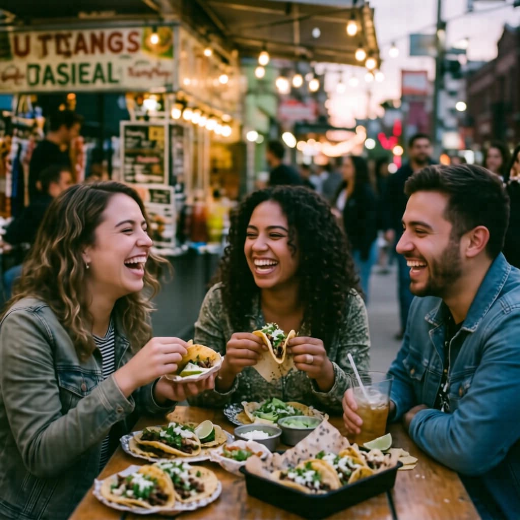 Friends laugh over street tacos at dusk, candid, shallow depth.