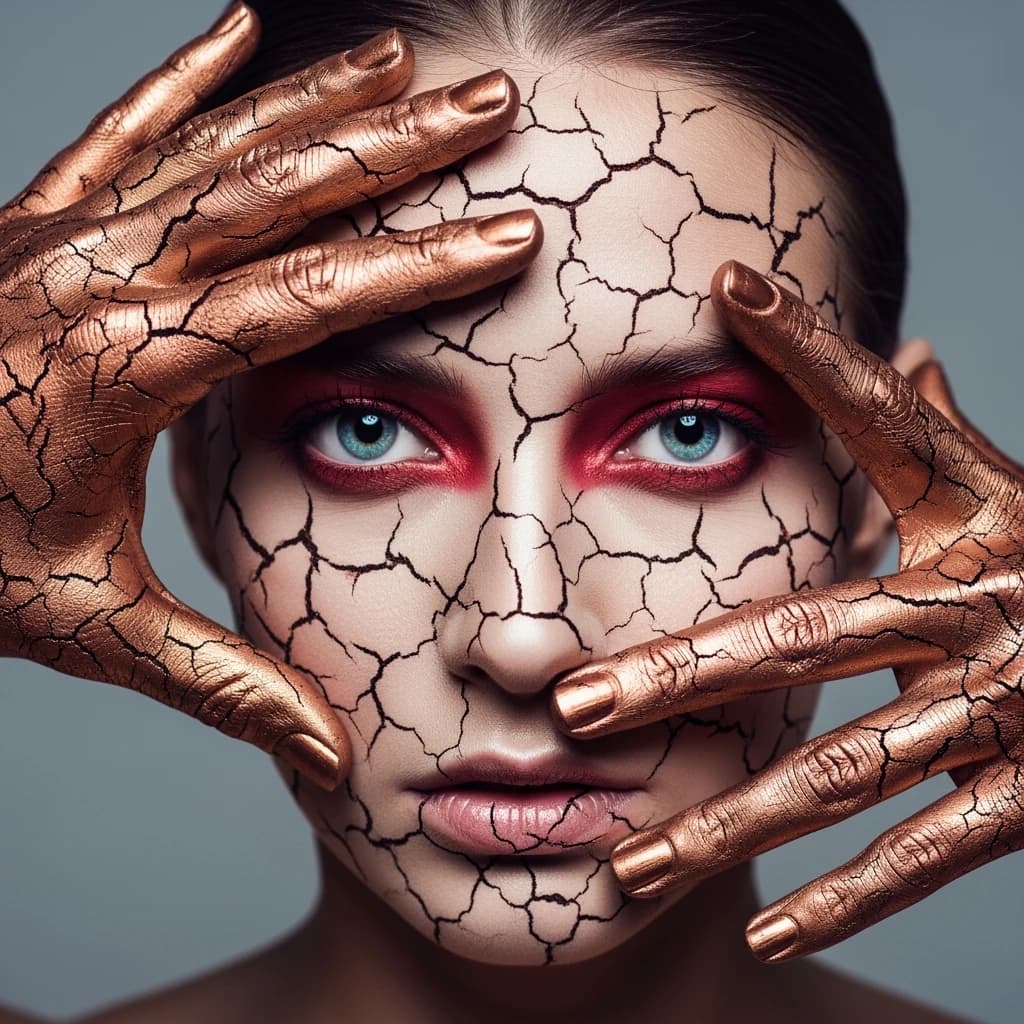A striking close-up portrait of a woman with cracked metallic copper-painted hands framing her face. Her vivid blue and red eye makeup contrasts sharply with the smooth, pale skin and muted background, creating a bold, surreal composition. She displays an air of uncertainty about her