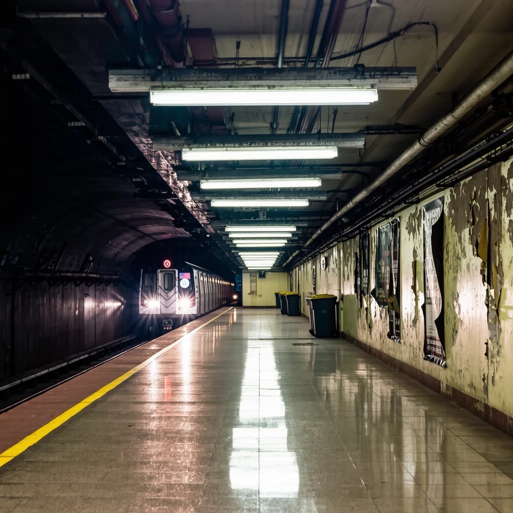 A subterranean subway platform with glossy tiles, peeling posters, flickering fluorescent lights, yellow safety line, and a distant train coming; slightly damp, echoes carry.