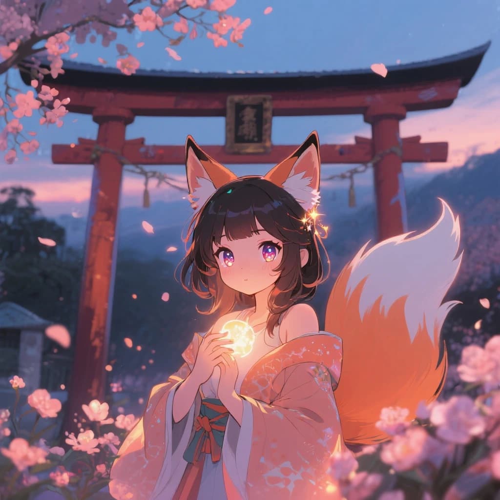 Cel-shaded fox spirit girl, glowing shrine at dusk, soft bloom, sparkly eyes.