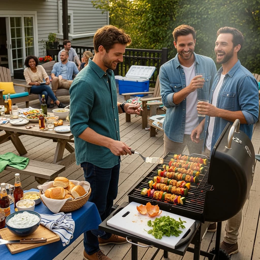Friends grill skewers on a slightly messy patio.