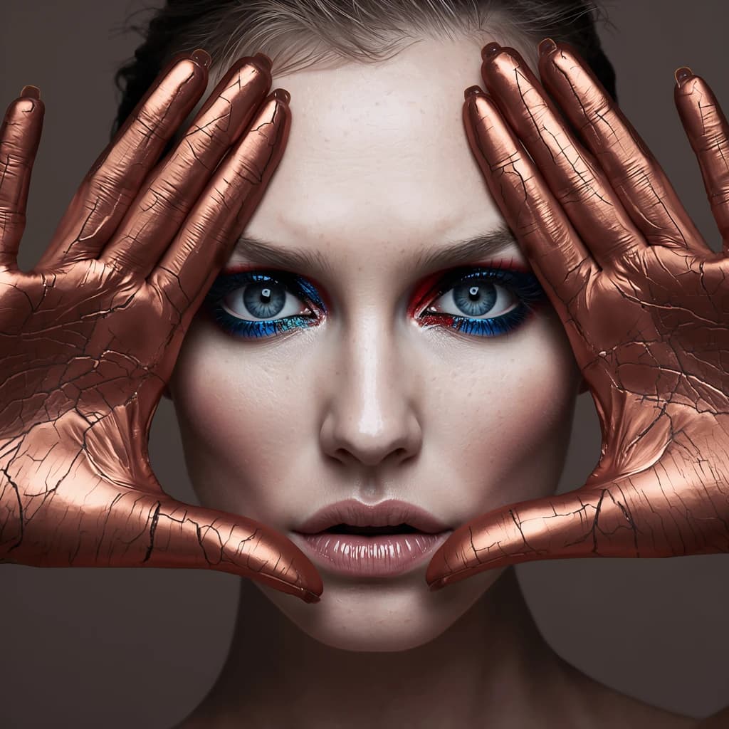 A striking close-up portrait of a woman with cracked metallic copper-painted hands framing her face. Her vivid blue and red eye makeup contrasts sharply with the smooth, pale skin and muted background, creating a bold, surreal composition. She displays an air of uncertainty about her