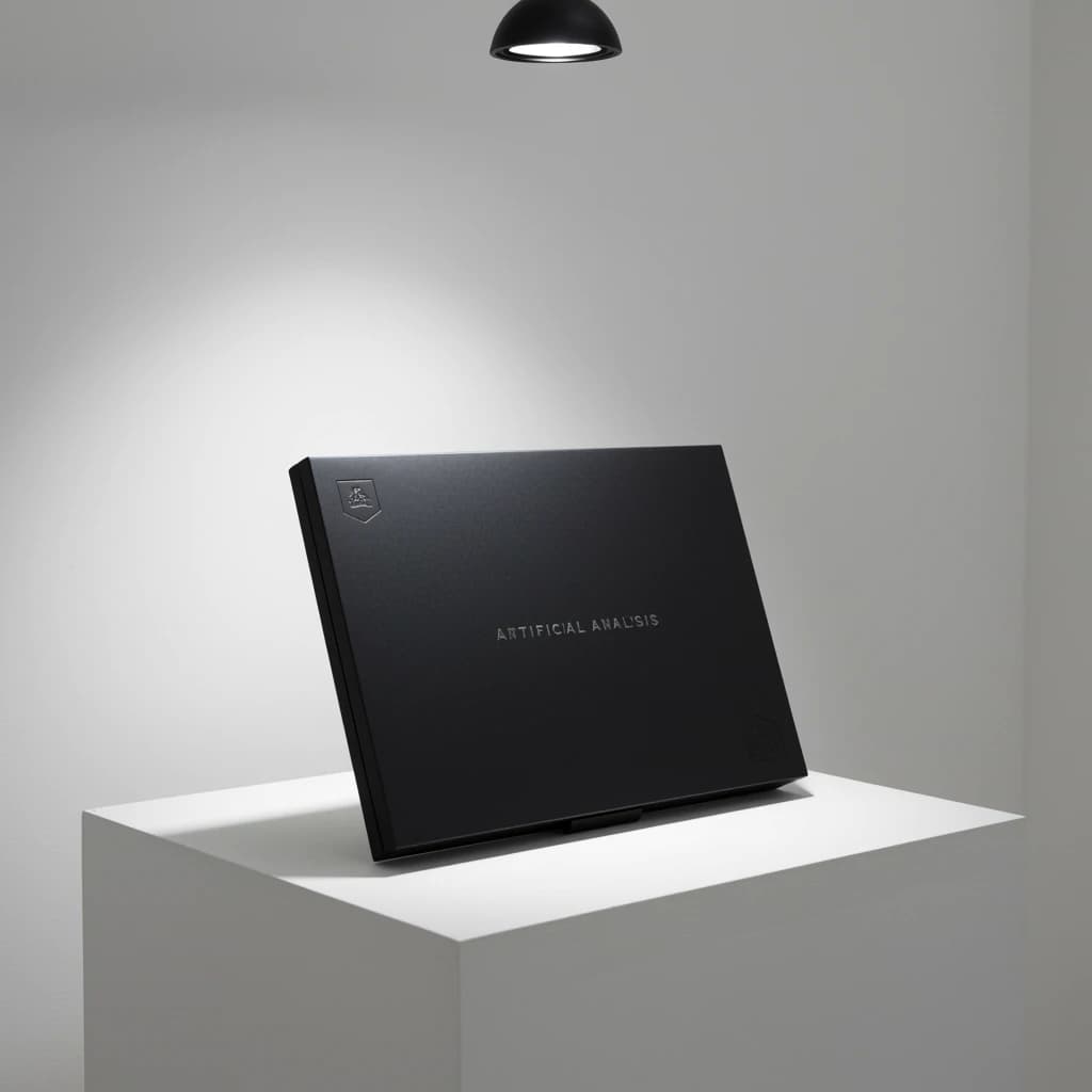 A premium matte black laptop-sized box rests on a pure white pedestal within a gallery space. Overhead, a single spotlight carves sharp contrast, leaving the edges in deep shadow. The brand name Artificial Analysis is embossed in silver foil, glinting faintly as though it were jewelry.