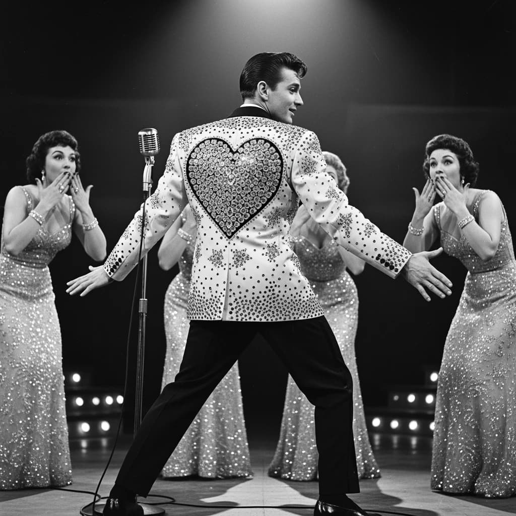 An archival image from 1953 of the rock singer swinging his hips on the stage while glamorous back up singers feign shock at his gyrations! He wears a diamond encrusted jacket with the stones arranged in the shape of a heart